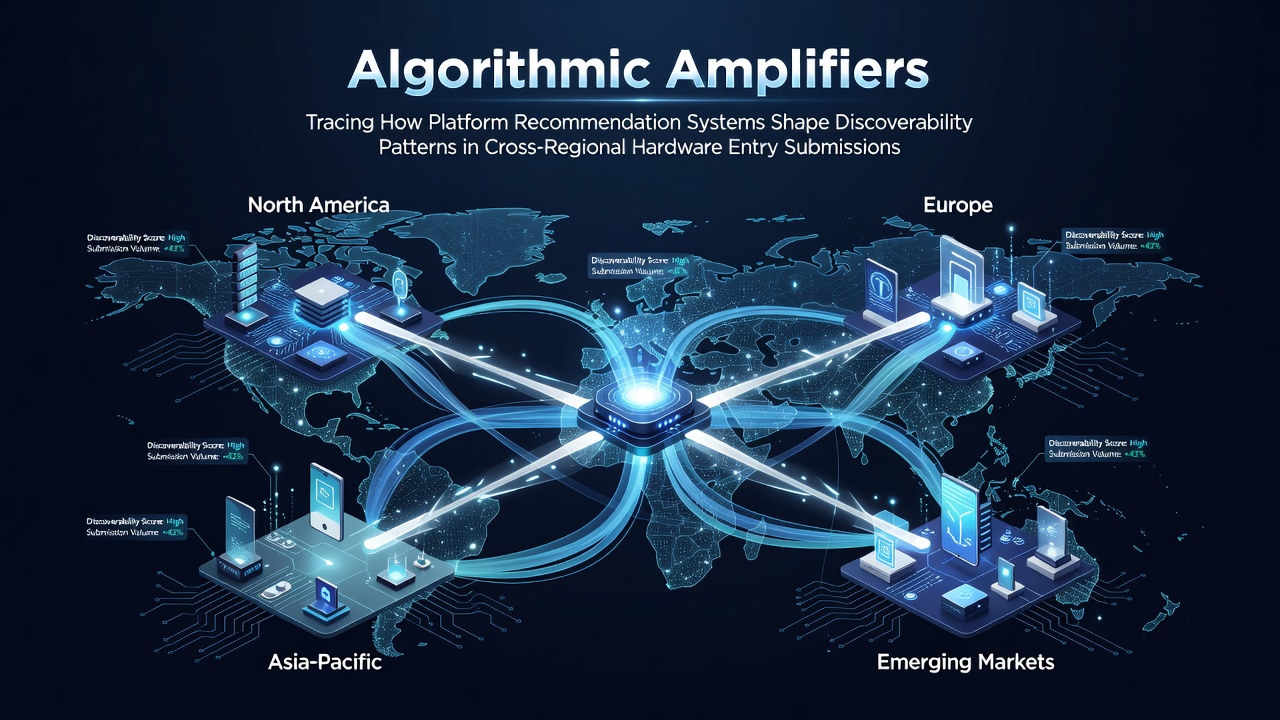 Visualization of recommendation system flows connecting regional hardware entry submissions across global platforms