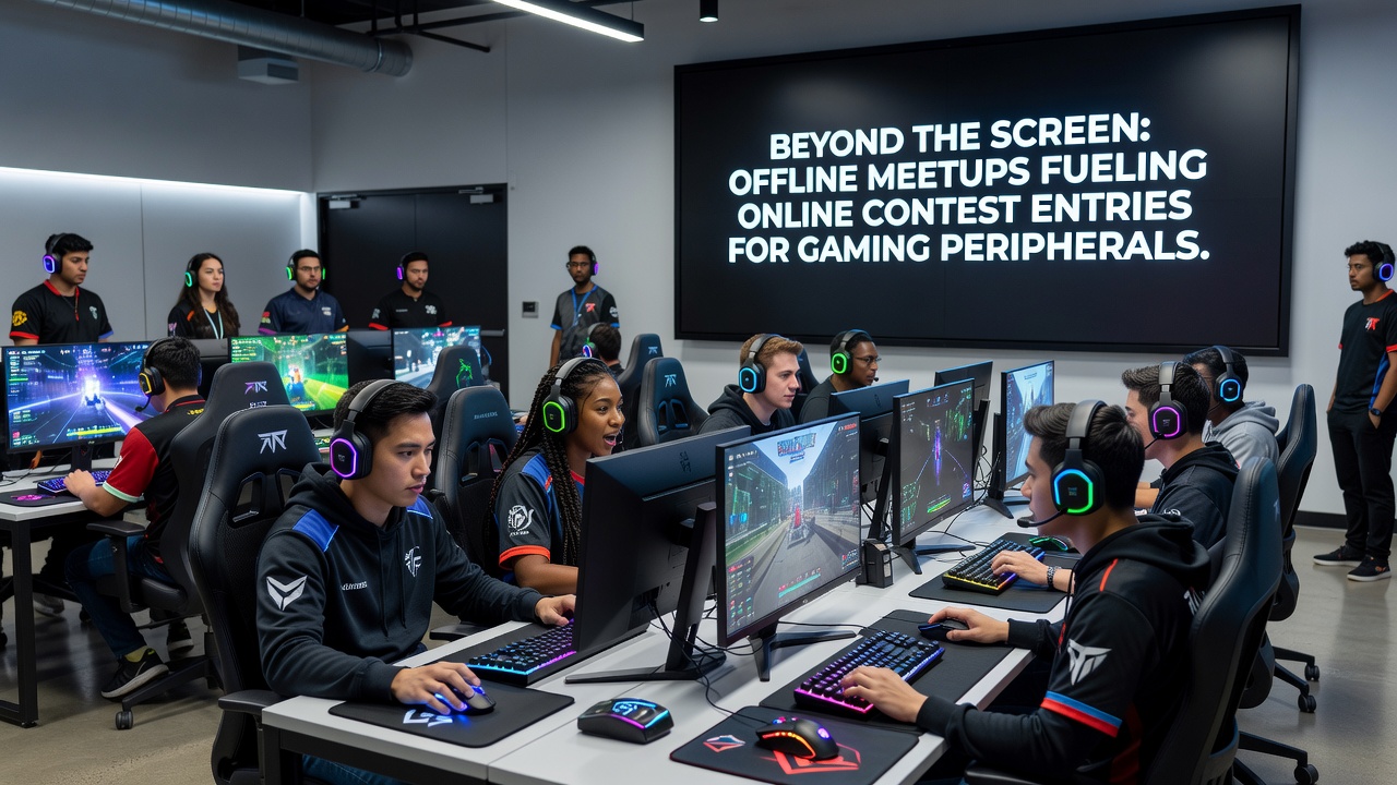Participants at a gaming cafe review contest rules together on laptops and phones