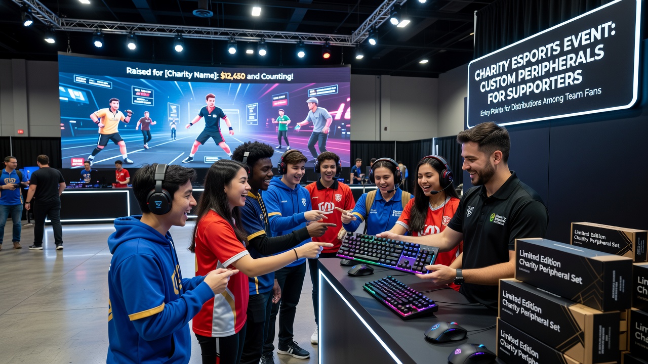 Esports team supporters participating in a charity event with custom peripherals on display
