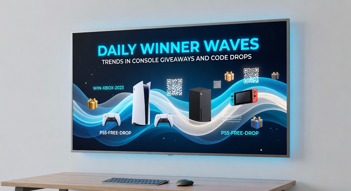Vibrant display of gaming consoles stacked with digital code cards floating around, capturing the excitement of daily giveaway announcements