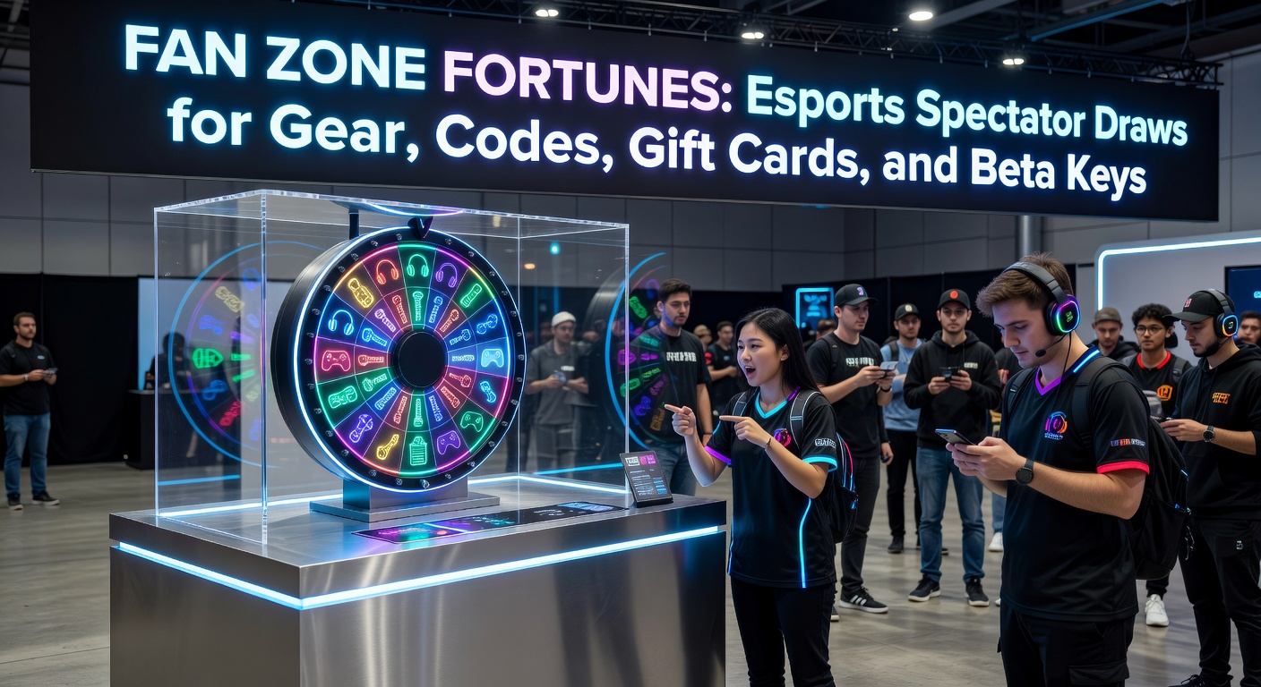 Crowded esports fan zone at a major tournament with fans entering prize draws amid glowing screens and gaming setups