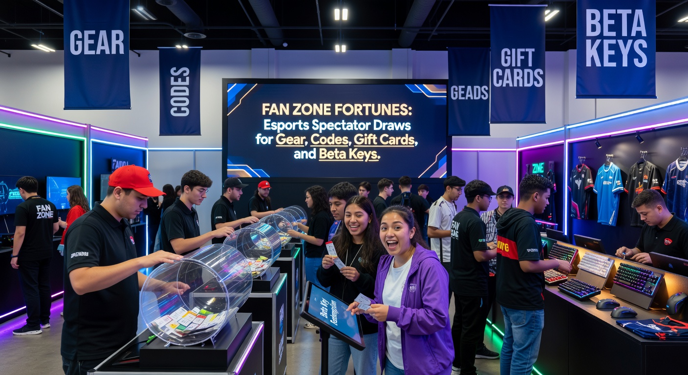 Excited fan holding up a newly won gaming headset in a bustling esports fan zone surrounded by cheering spectators