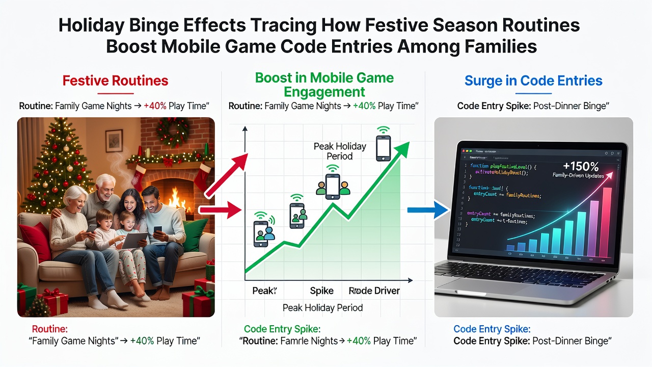 Mobile game screens displaying code entry prompts during a family gathering with festive decorations in background