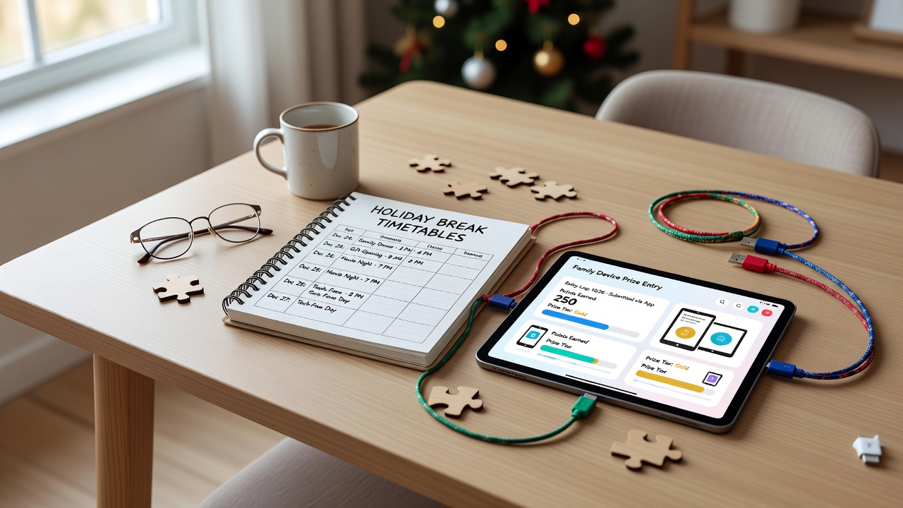 Families reviewing device prize entry forms during scheduled holiday breaks at home