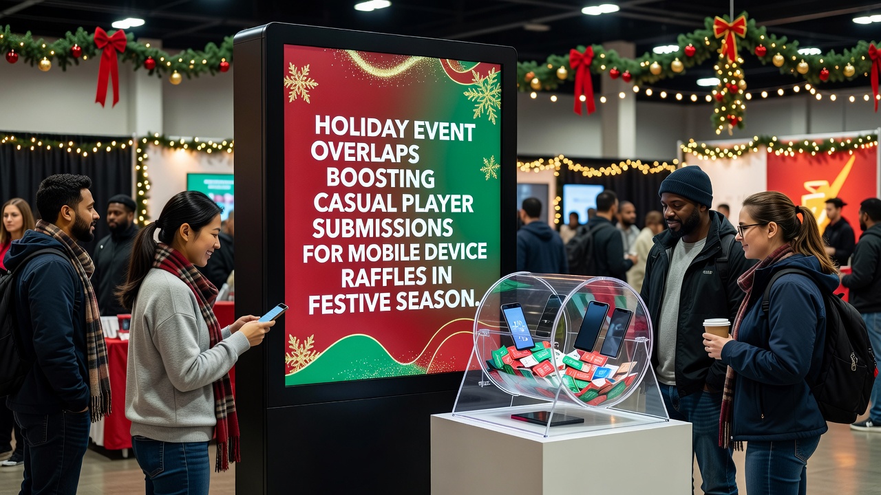 Casual gamers submitting entries for mobile device giveaways amid holiday decorations and events