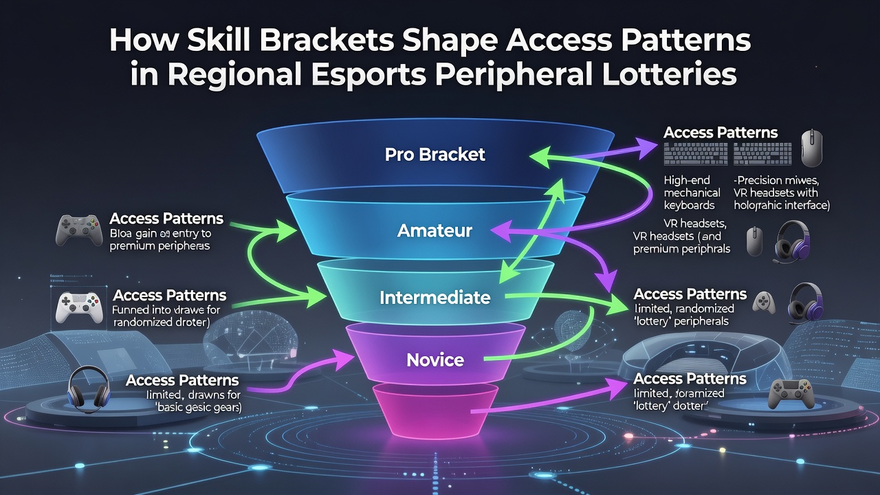 Regional esports players grouped by skill brackets reviewing peripheral lottery rules on digital screens at a community venue