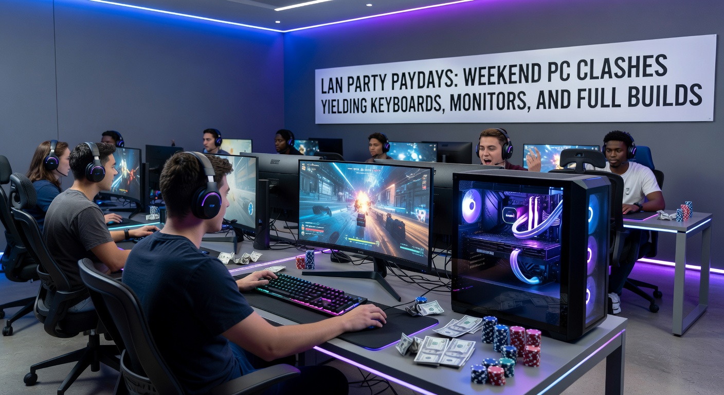 Gamers huddled around networked PCs at a bustling LAN party, screens glowing with competitive matches and prize banners visible in the background