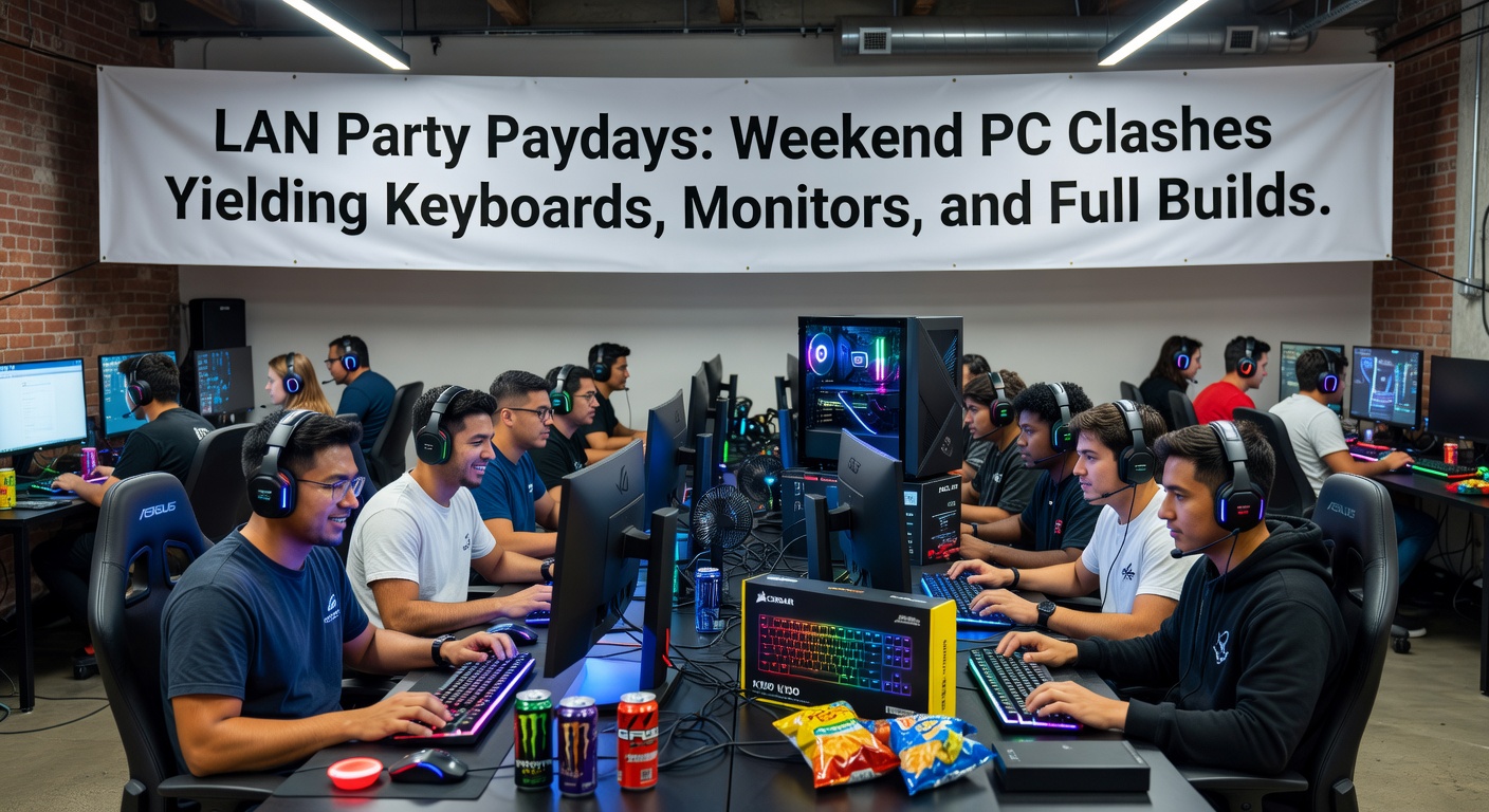 Close-up of a LAN party prize table displaying gleaming mechanical keyboards, sleek monitors, and a disassembled high-end PC build surrounded by cheering participants