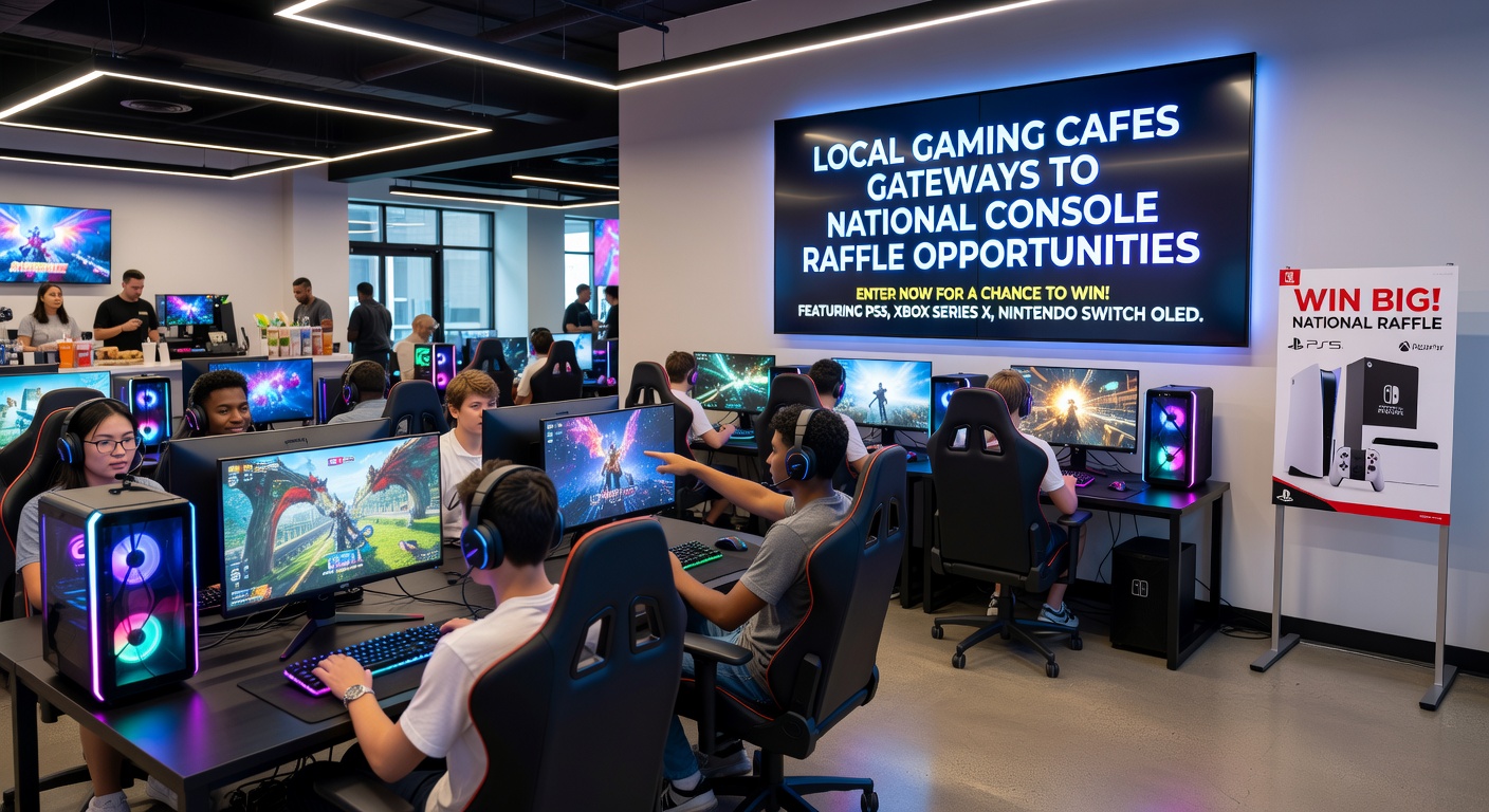 Interior view of a bustling local gaming cafe with players at consoles and entry stations for national raffles