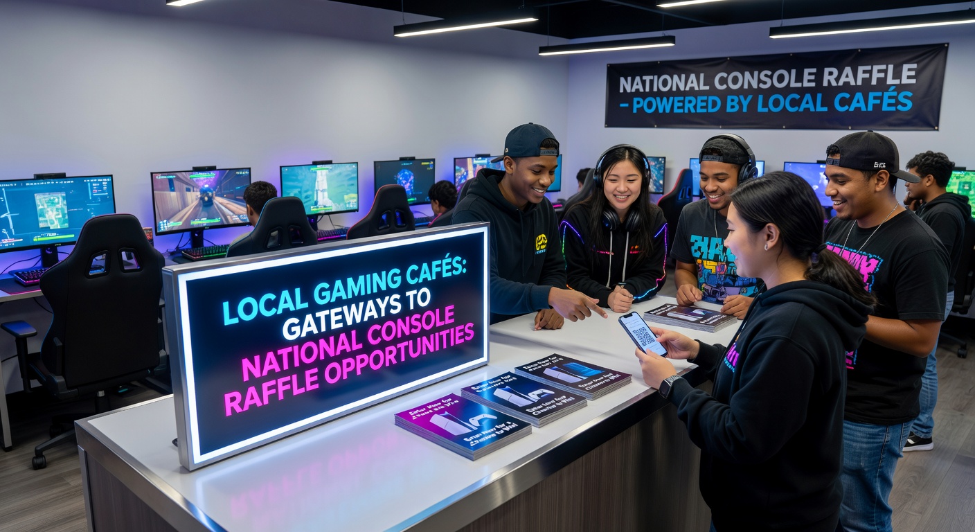 Group of gamers checking raffle entry codes at a cafe counter during a national console promotion event