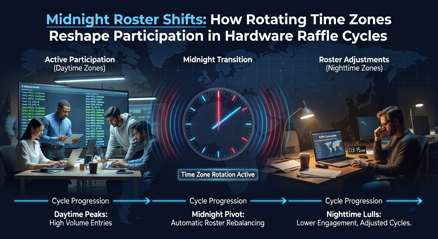 Global time zone map overlaid with raffle entry timelines and shift worker schedules