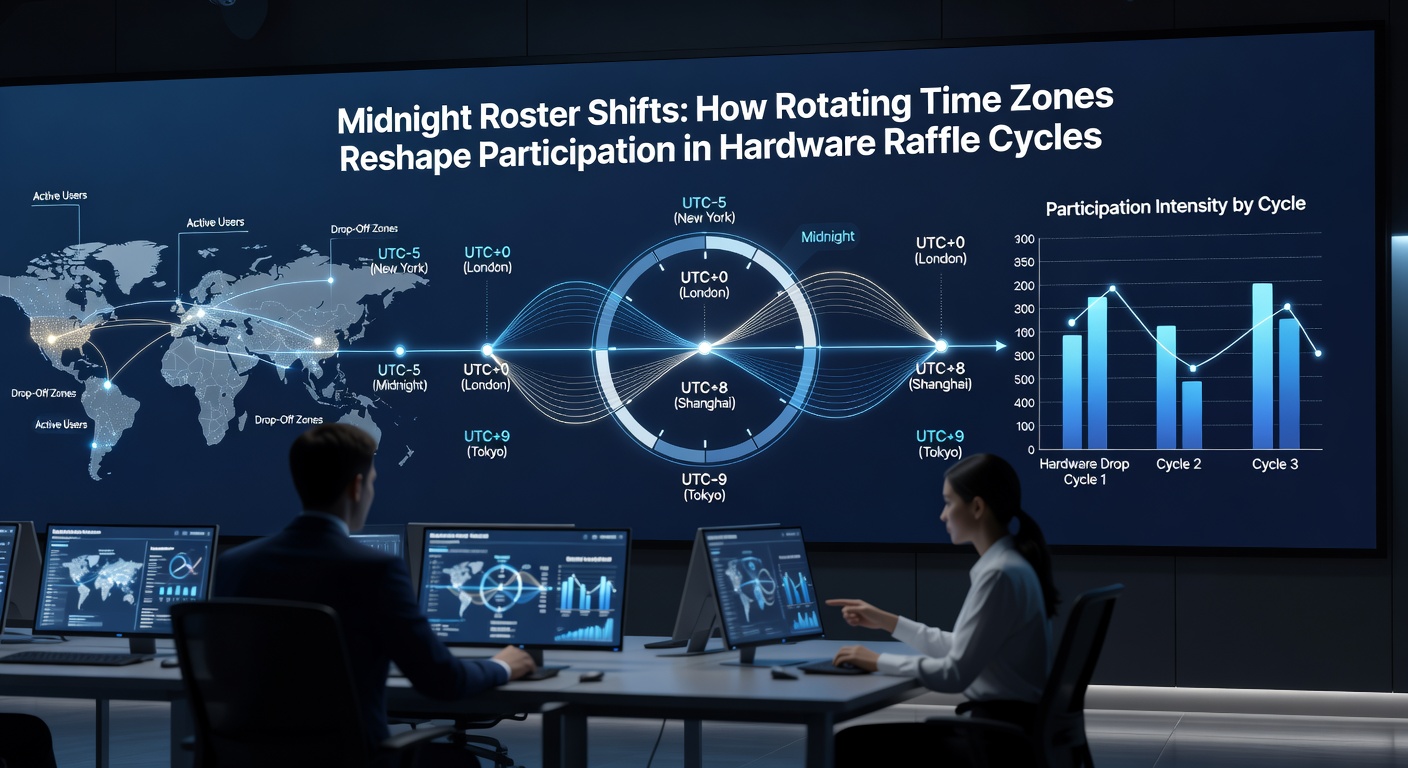 Shift worker reviewing raffle rules during late-night break with laptop and time zone clock display