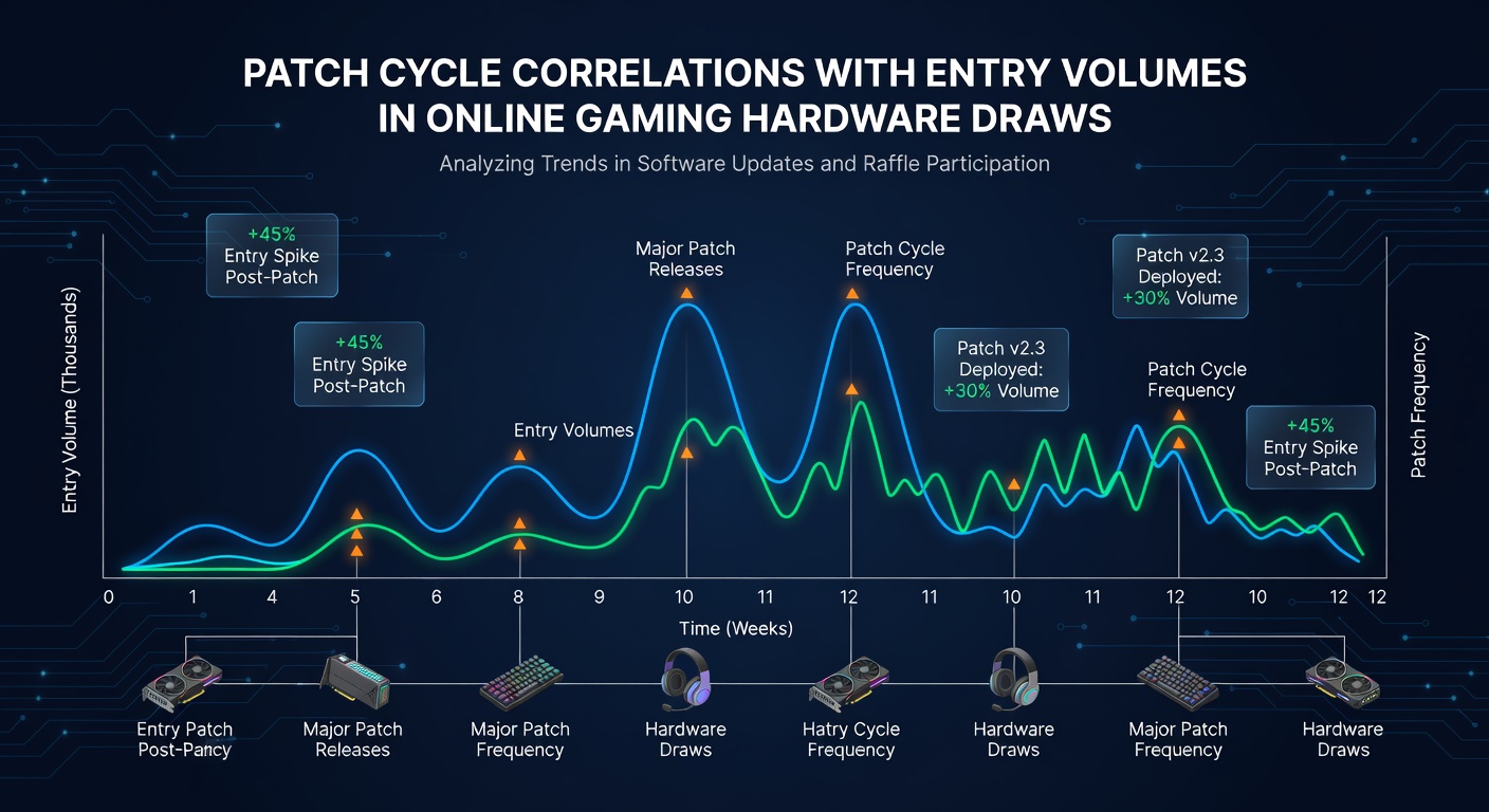 Line graph displaying patch release timelines aligned with entry volume spikes for gaming hardware draws across multiple platforms from 2025 through mid-2026