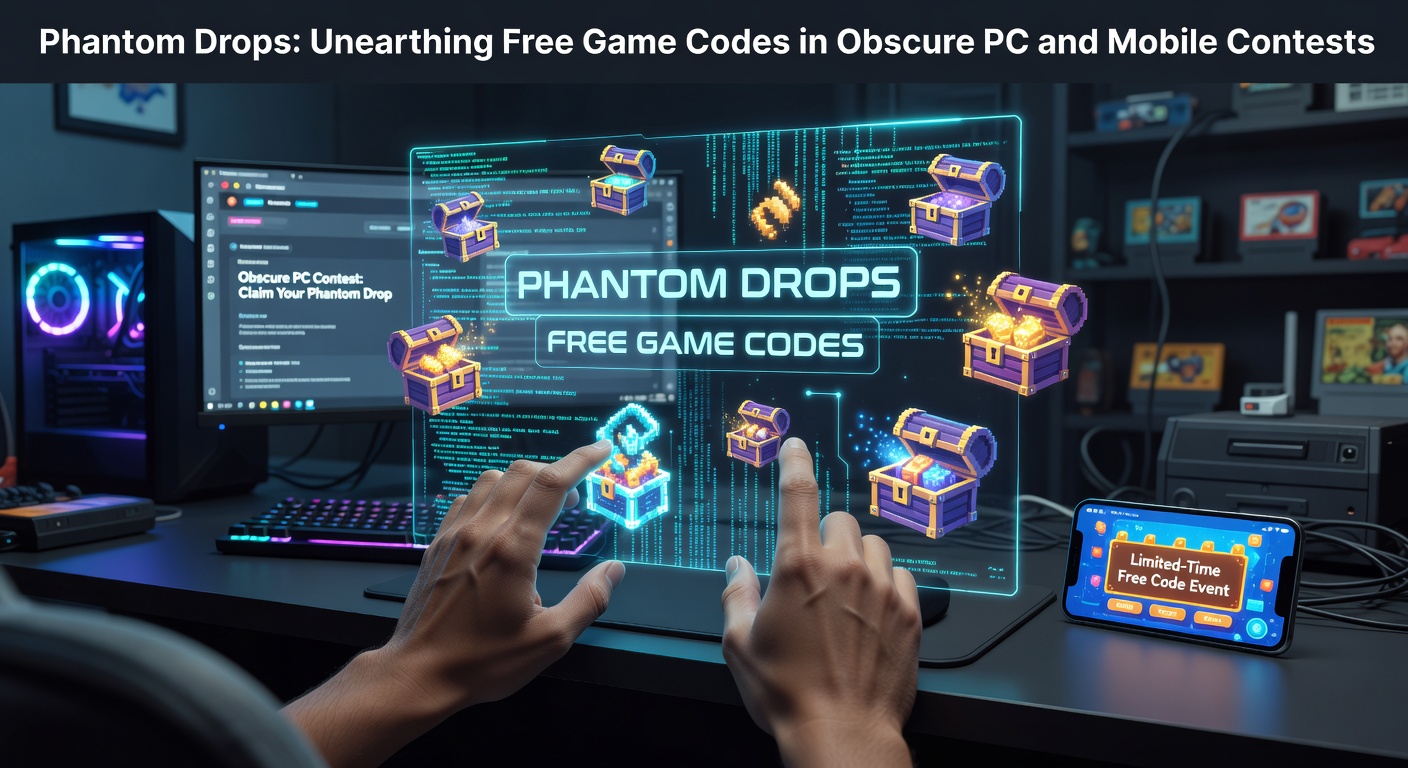A shadowy digital treasure chest overflowing with game codes, illuminated by faint neon lights against a dark background, symbolizing hidden contest prizes in the gaming world