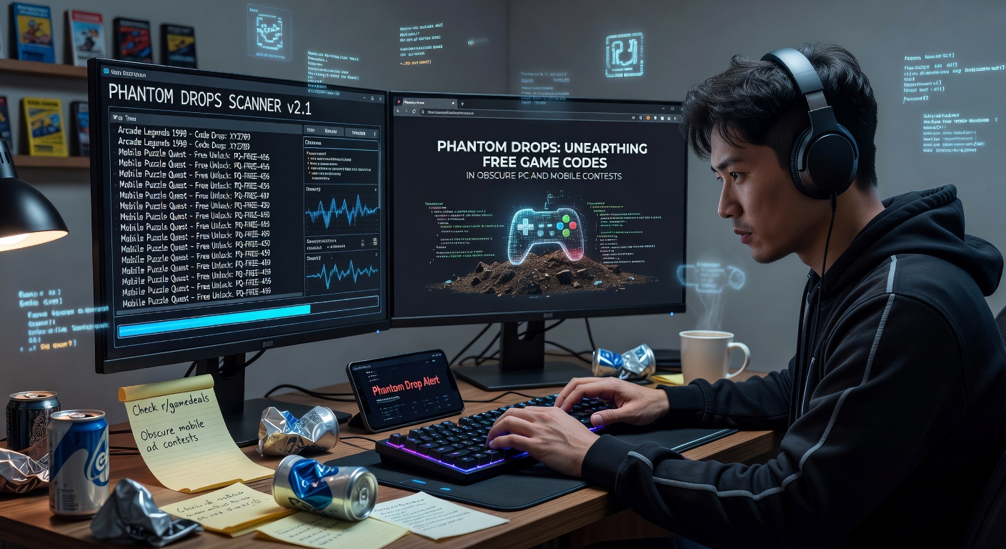 A detective magnifying glass hovering over a laptop screen displaying forum threads and Discord notifications filled with game code entries, evoking the thrill of discovery in phantom drop hunts
