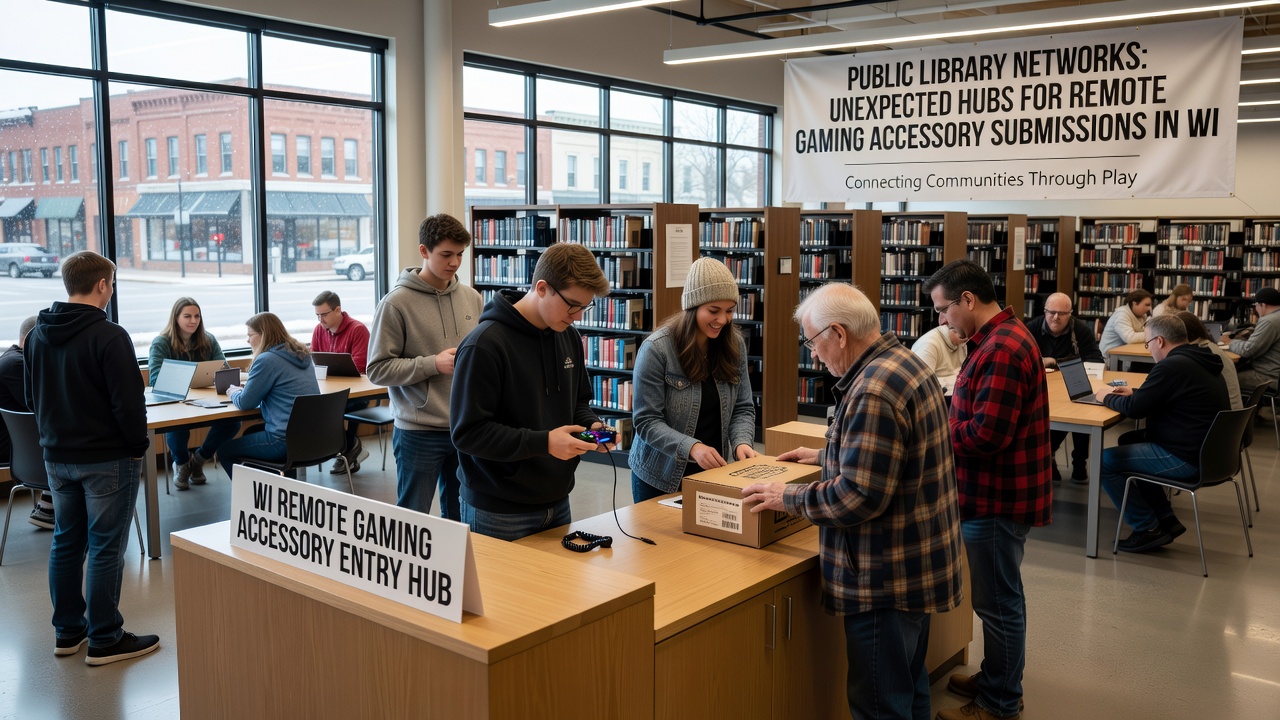 Group of library patrons using public computers to enter remote gaming hardware contests and accessory giveaways