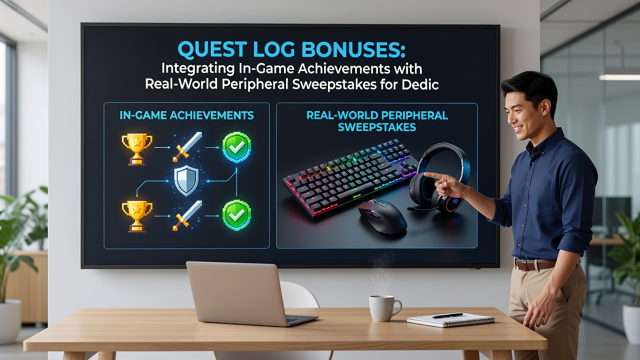 Close-up of a gaming setup showing a monitor, mechanical keyboard, and mouse awarded through achievement-based peripheral sweepstakes