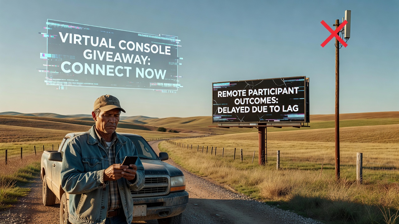 Rural landscape with limited internet infrastructure affecting online gaming access