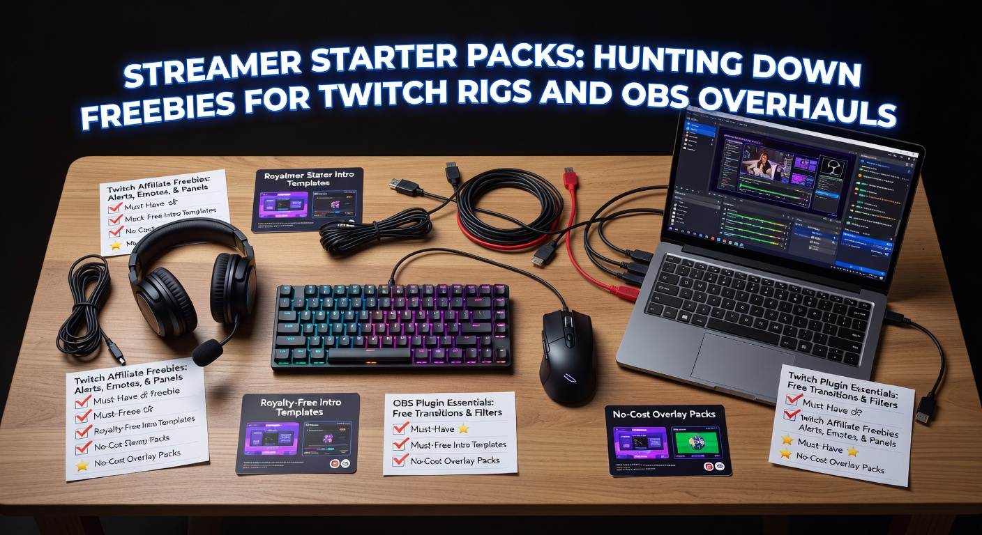 Streamer assembling a Twitch rig with microphones, cameras, and OBS interface on dual monitors