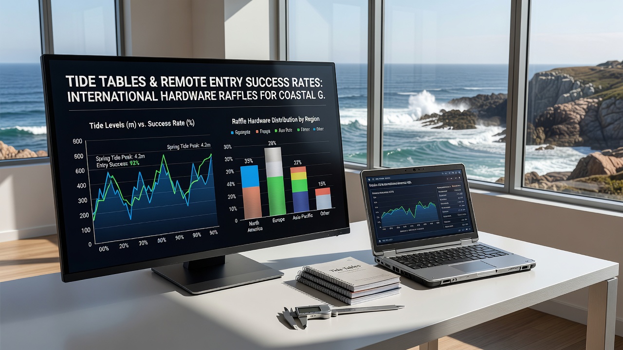 Remote coastal setup with tide chart overlay and raffle entry interface on screen