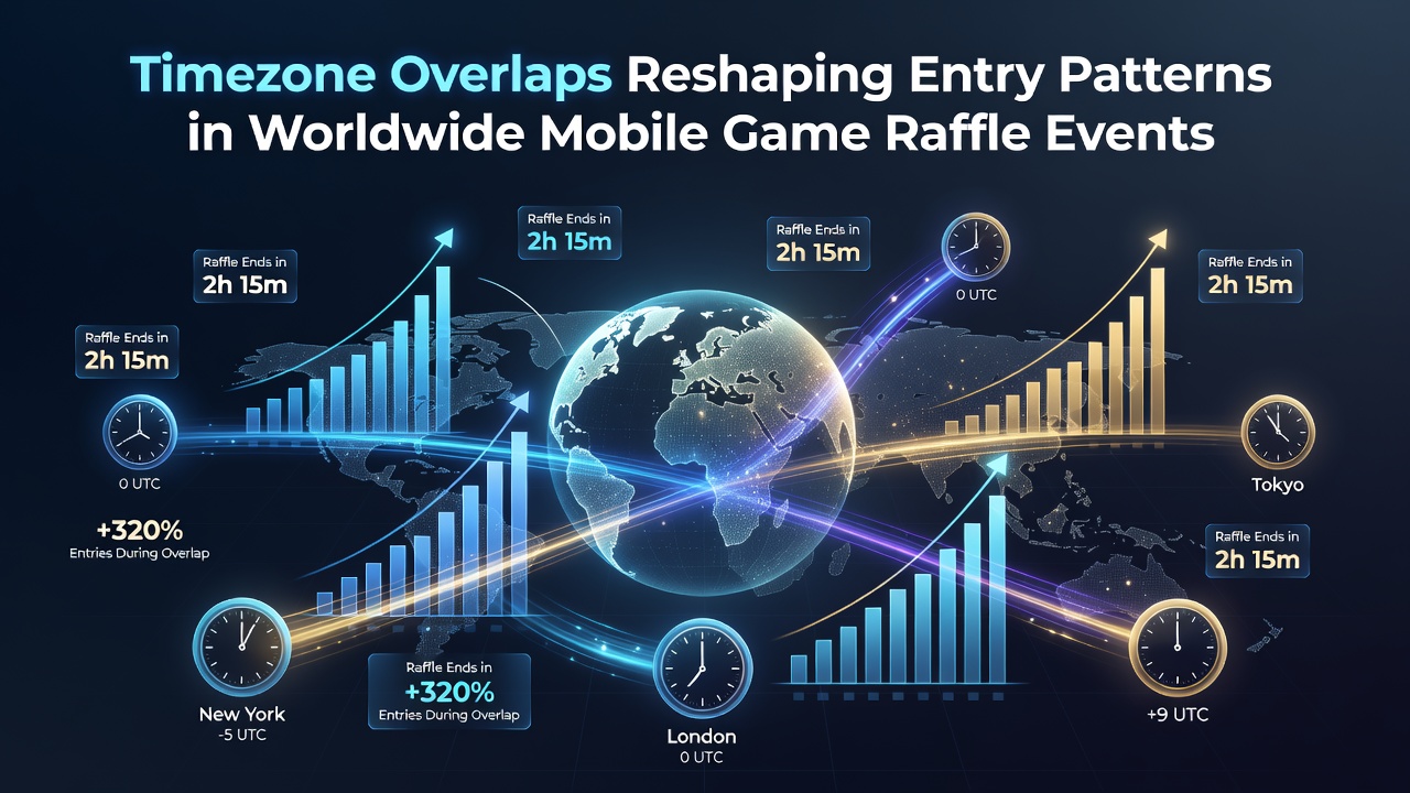 Global map highlighting overlapping time zones during peak mobile raffle entry periods