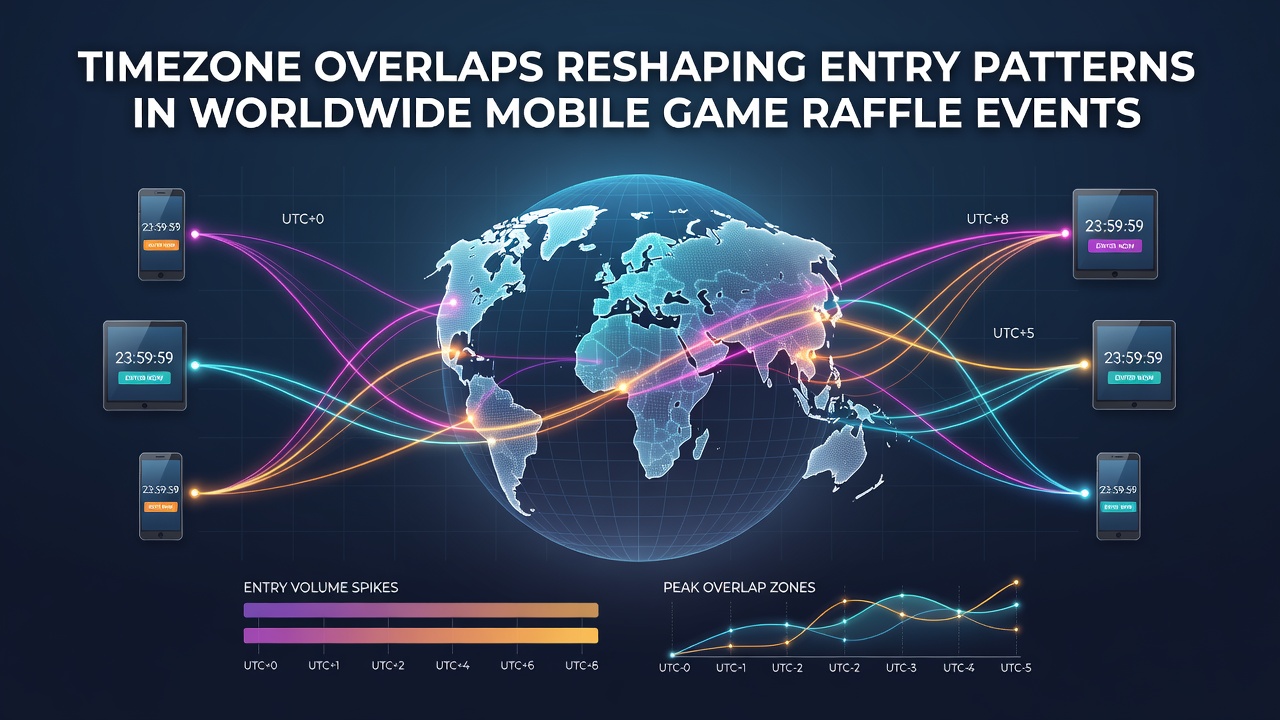 Chart displaying entry volume spikes across different time zone overlaps in mobile game raffles