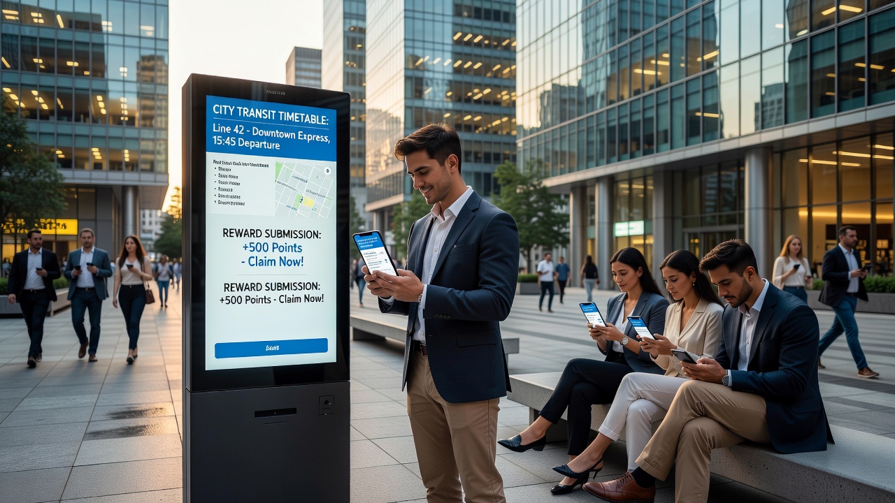 Mobile gaming interface displayed on a smartphone while waiting at a city transit platform