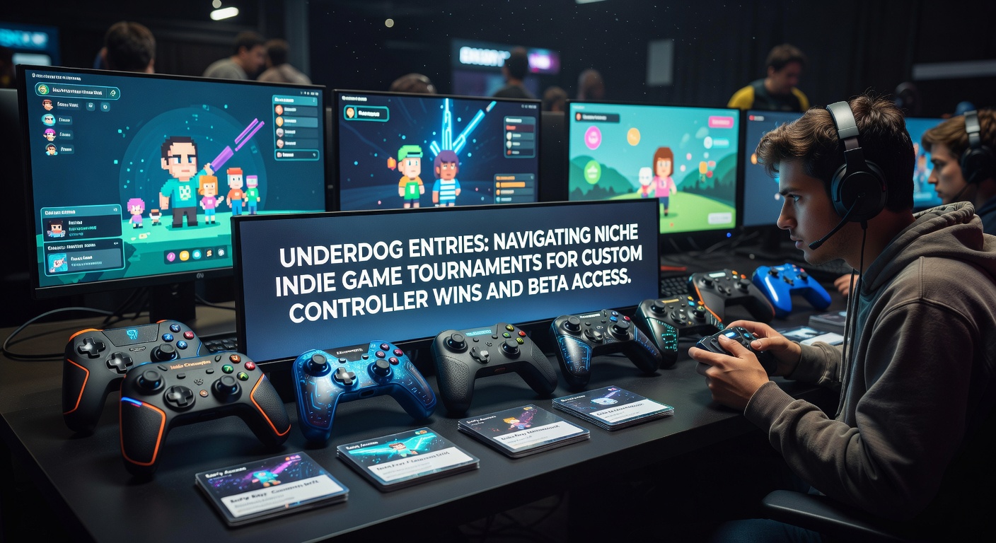 Gamers competing in a dimly lit indie tournament setup with custom controllers on display, highlighting the underdog vibe of niche events