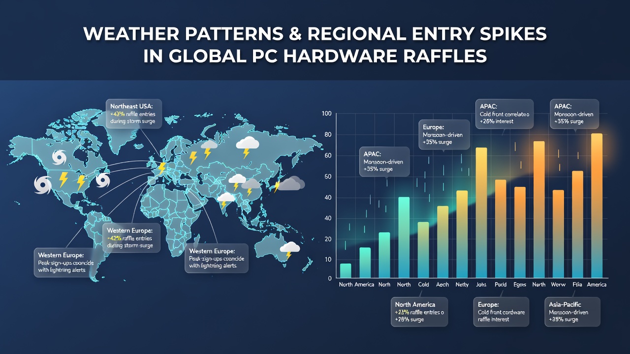 Infographic of regional weather events mapped against PC raffle entry volume changes